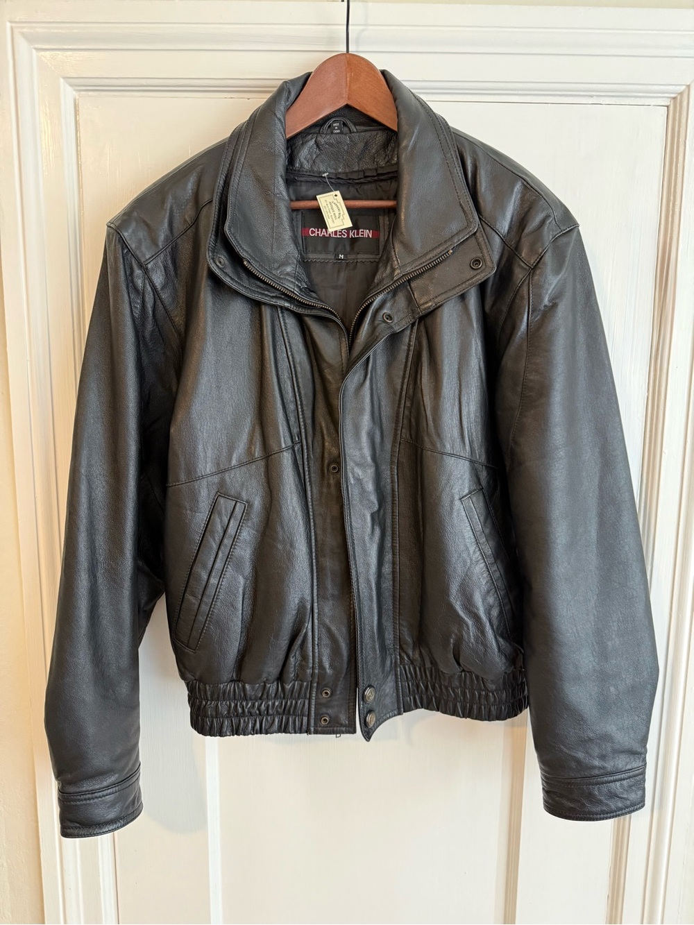 Vintage Black Leather Bomber Jacket with Stand Collar Charles Klein Med